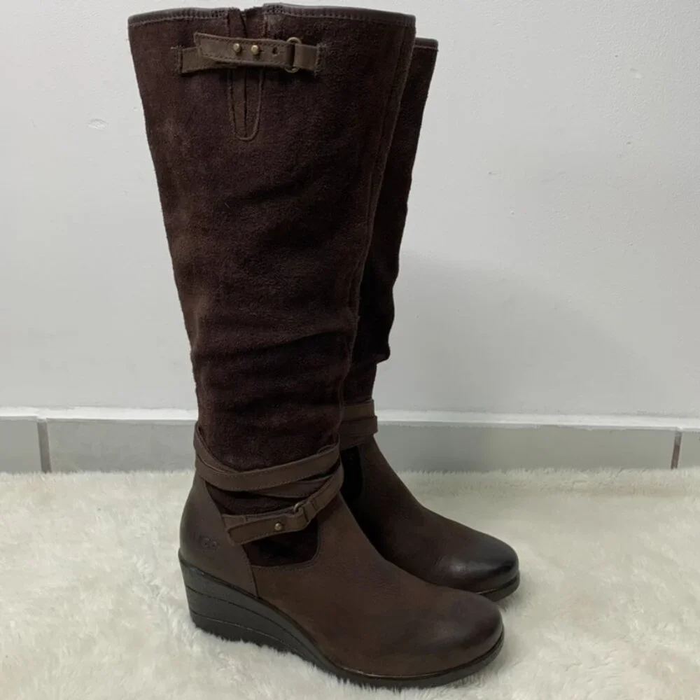 UGG 1005266 Women's Waterproof Lesley Uptown Knee High Wedge Boots Brown Size 6